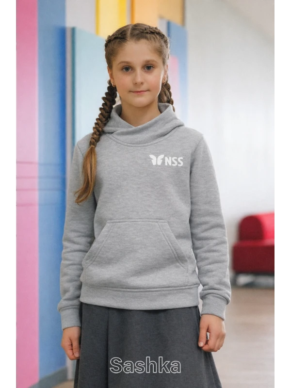 Худі УТЕПЛЕНЕ для дівчинки на флісі з коміром сіре з логотипом школи NSS, розмір 116-164